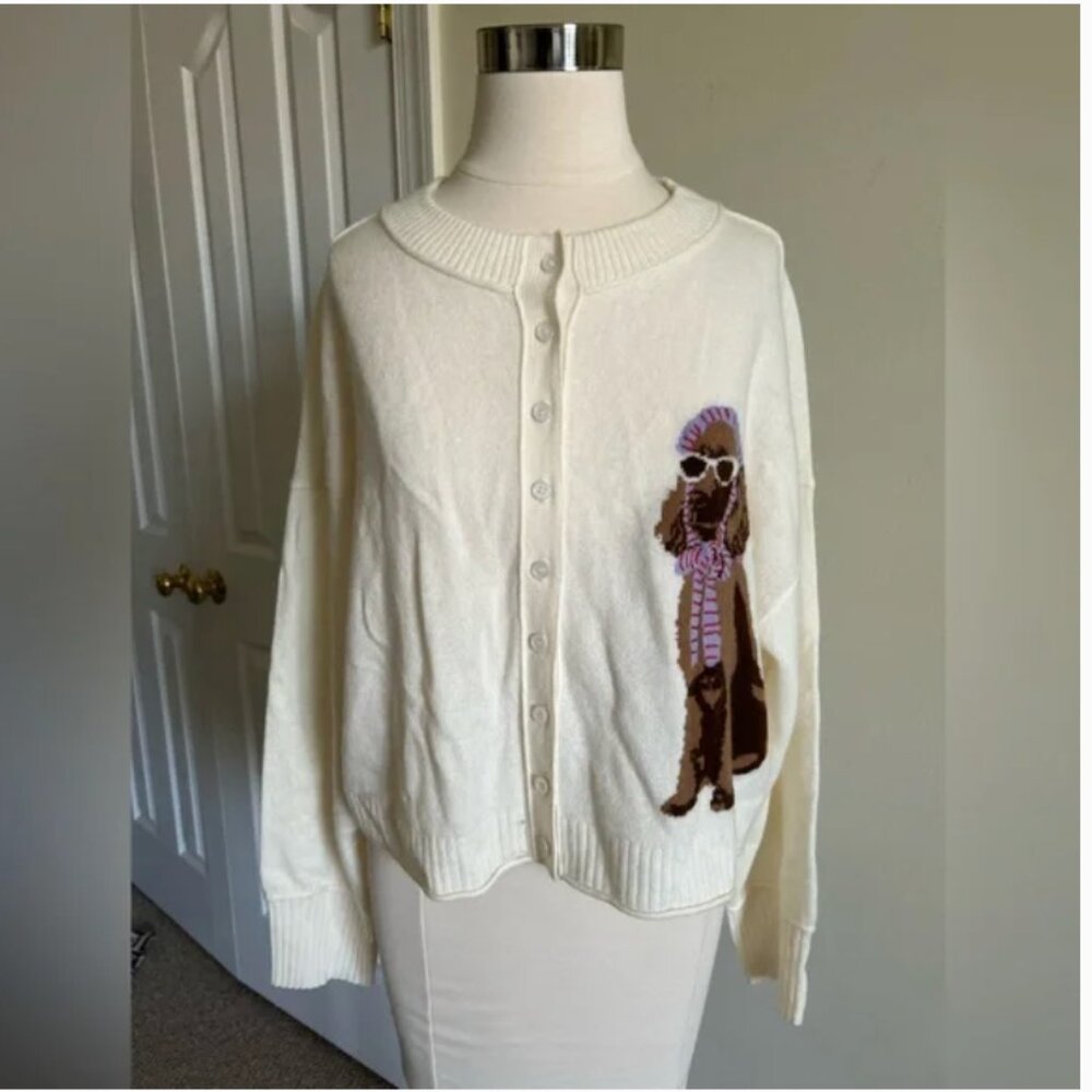 Anthropologie The Goldie Crew Neck Cashmere Blend Dog Cardigan Sweater S - Picture 2 of 10